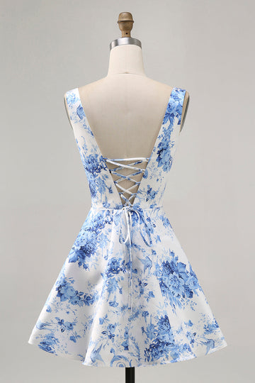 Estampado Blanco Azul Flor A Line Vestido de Regreso a Casa